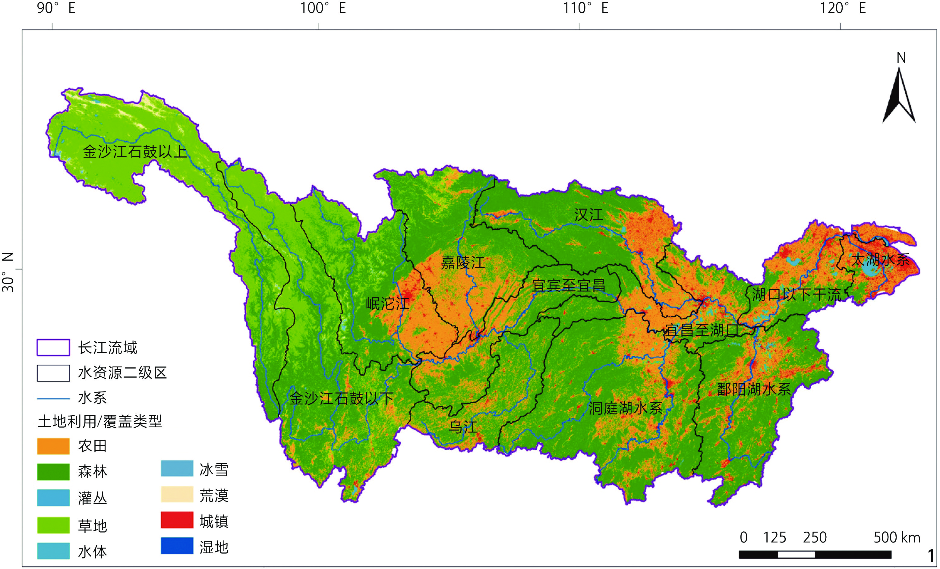 长江流域2022年土地利用/覆盖类型分布